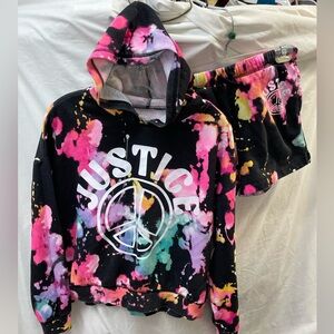 Justice Black Tie-Dye Peace Sign Hoodie & Shorts Set Neon Splash sz 14/16